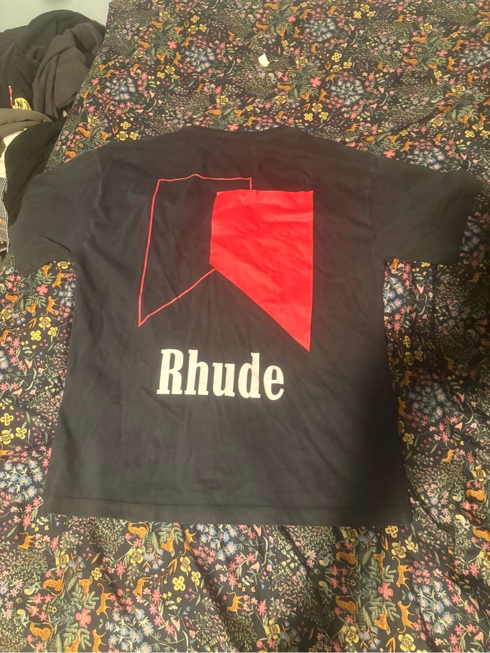 Rhude Black Tee with Red Graphic and White Logo